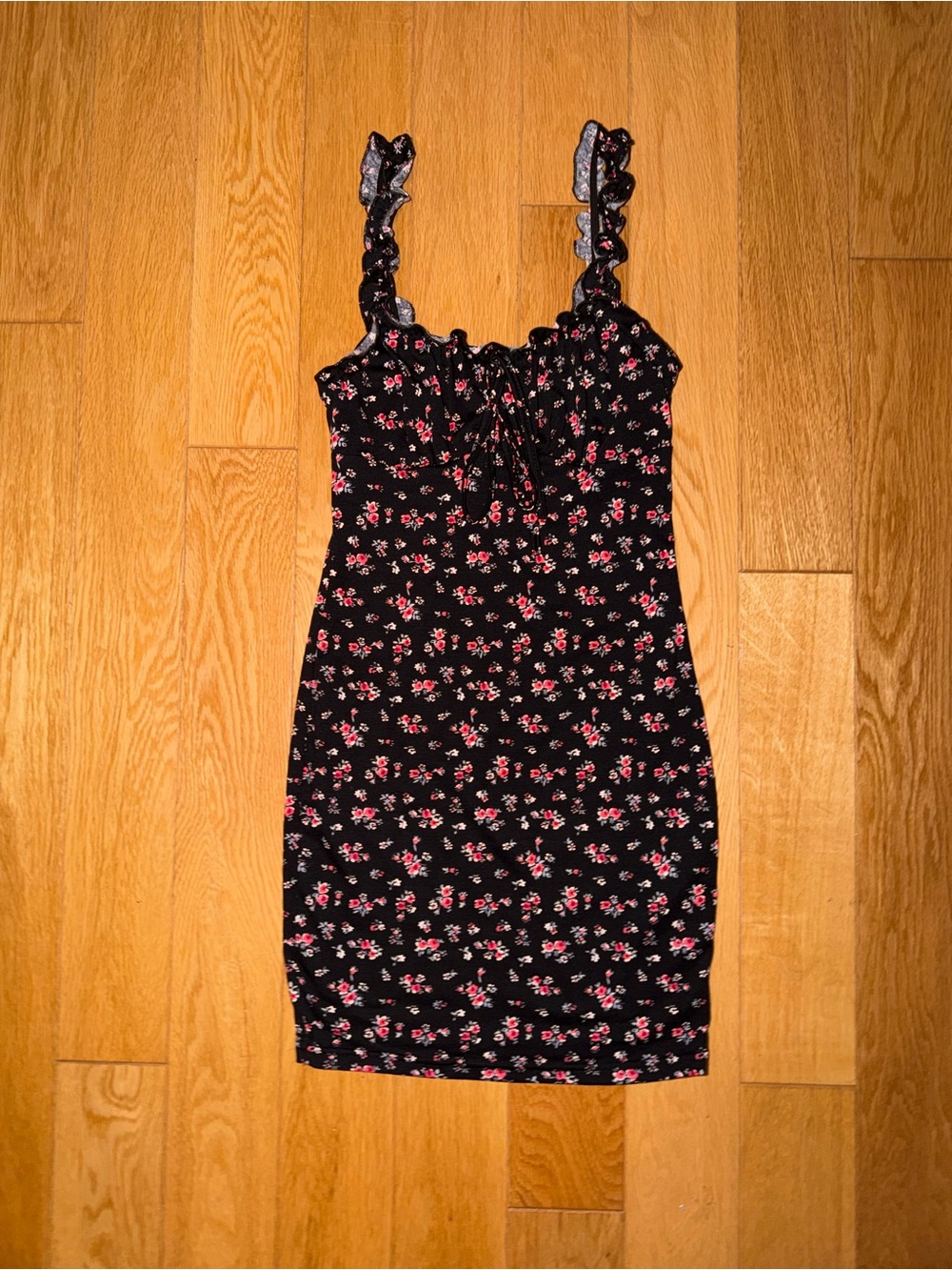 BRAND NEW Black Floral Ruffle Strap Bodycon Dress